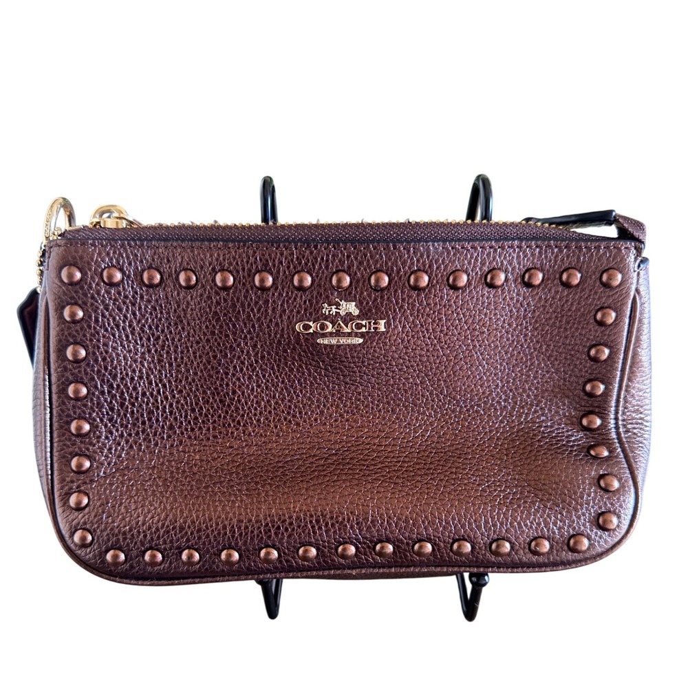Coach Nolita 19 Studded Rivet Pebbled Leather Shoulder Bag Brown Metallic Y2K‎